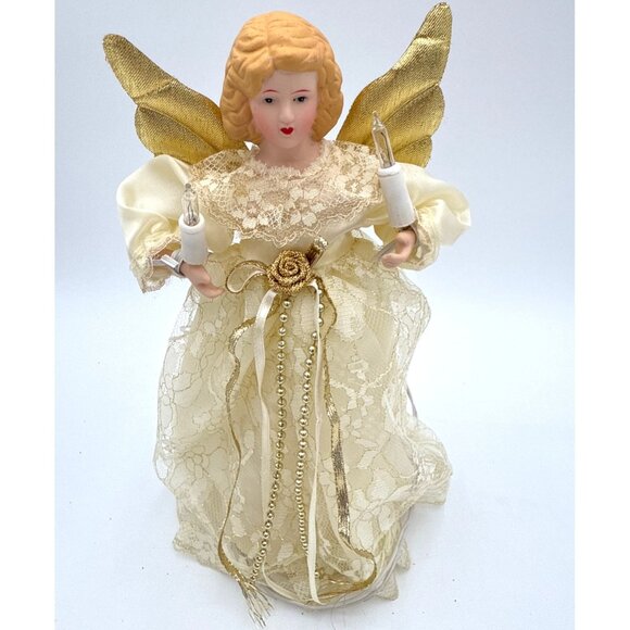 Vintage 10" Angel Tree Topper Lace Dress & Gold Wings Electric Lighted Figurine - Picture 1 of 9